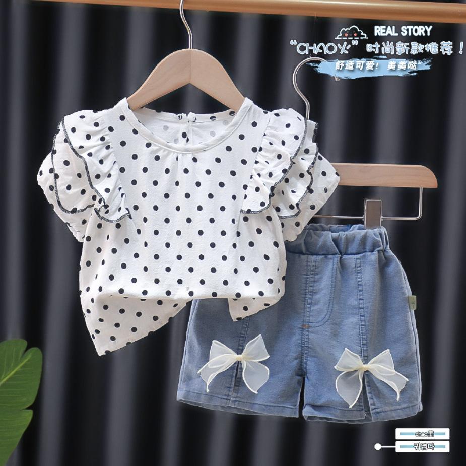 

Летний хлопковый костюм для девочек с принтом в горошек 0-4 года, набор одежды из 2 предметов 9-12m белый