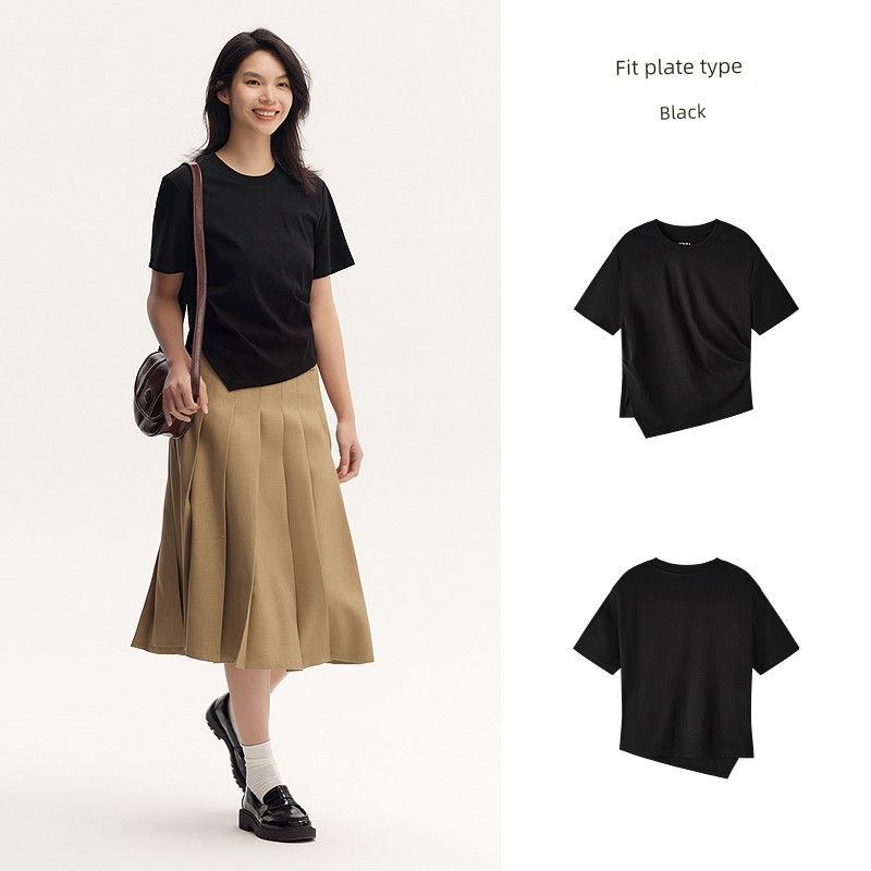 

| Mori Horse Short-Sleeved T-shirt Women s Short Pure Color Craftily-Designed Figure Flattering Summer Elegant Cotton Split Tops Easiest for Match Black 90001 155/80A/S