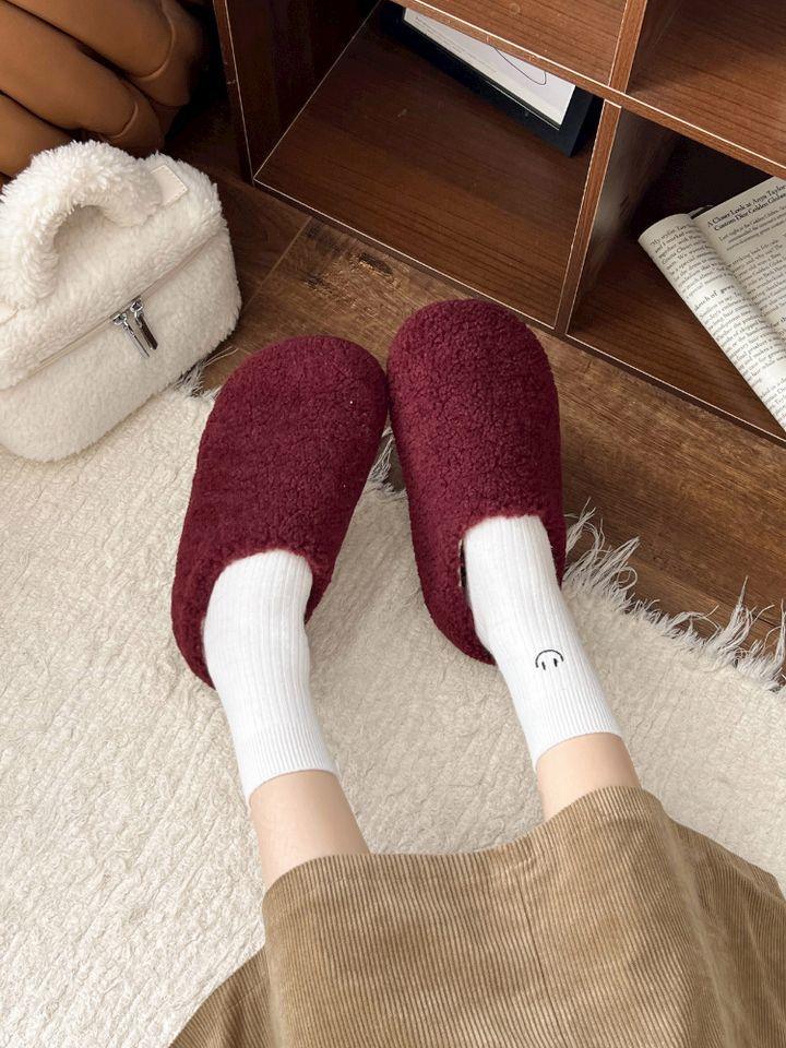 2025 autumn and winter outer wear ugly cute big head female retro bag head cotton fluffy half slippers velvet warm one pedal lazy
