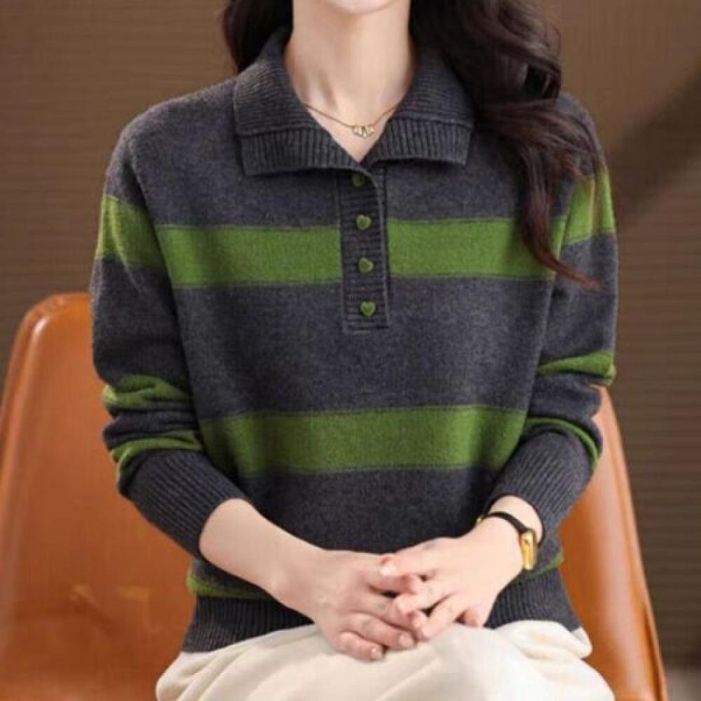 Navava Casual Color Block Striped Collar Long Sleeve Knit Top Nk3546