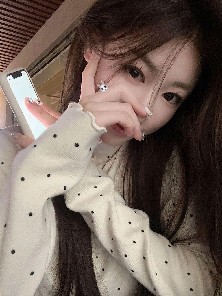 Women's Black Fungal Collar Polka Dot Base Shirt, Autumn/Winter Long-Sleeve Korean Style Top