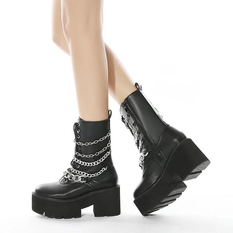 Fashion Goth Rivet Emo Shoes Platform Heeled Boots Women Big Size Chain Metal Decoration Chunky Heels Combat Boots Mid Calf