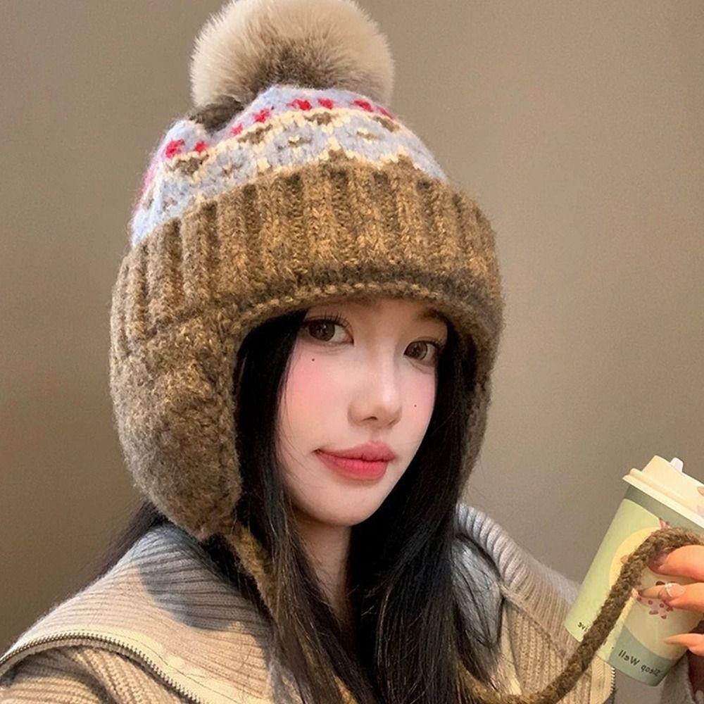 Ear Protection Knitted Cap Warm Beanie Hats Fashion Bomber Hat  for Women