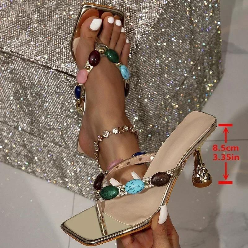 

Модные женские тапочки с застежкой-клипсой, новый стиль, сандалии на высоком каблуке с квадратным носком, летние повседневные пляжные шлепанцы, скользящая обувь 42 золотистый