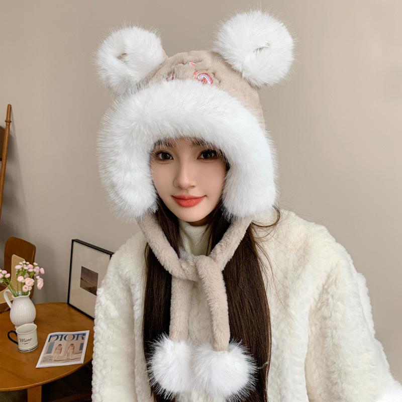 Autumn and winter new Guochao embroidered ear protector children's outdoor warm baotou lion plush headgear