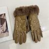Diamond-encrusted PU leather finger gloves women's autumn and winter warm touch screen plush cuffs cycling five-finger gloves tide
