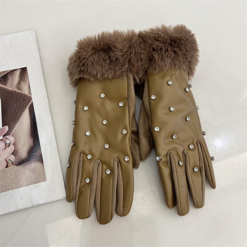 Diamond-encrusted PU leather finger gloves women's autumn and winter warm touch screen plush cuffs cycling five-finger gloves tide