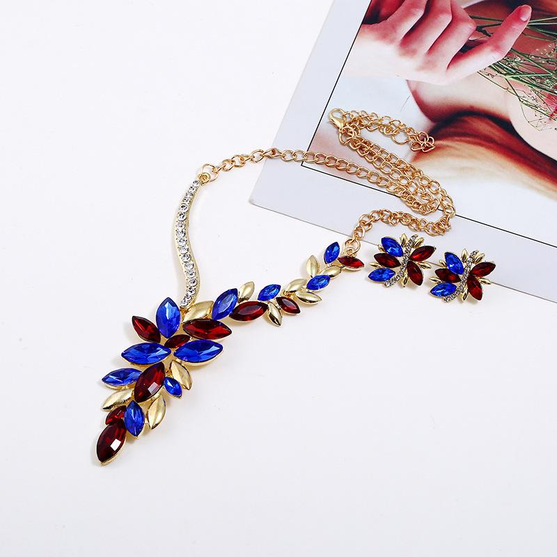 Creative Exaggerated Jewelry, Long Alloy Full Diamond Necklace Earrings Set