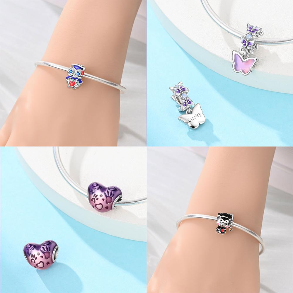 Original Pink Butterfly Pendant Baby Panda Owl Graduation Heart Symbol Charmcopper Bead Fit Bracelet Women Jewelry Diy Gift