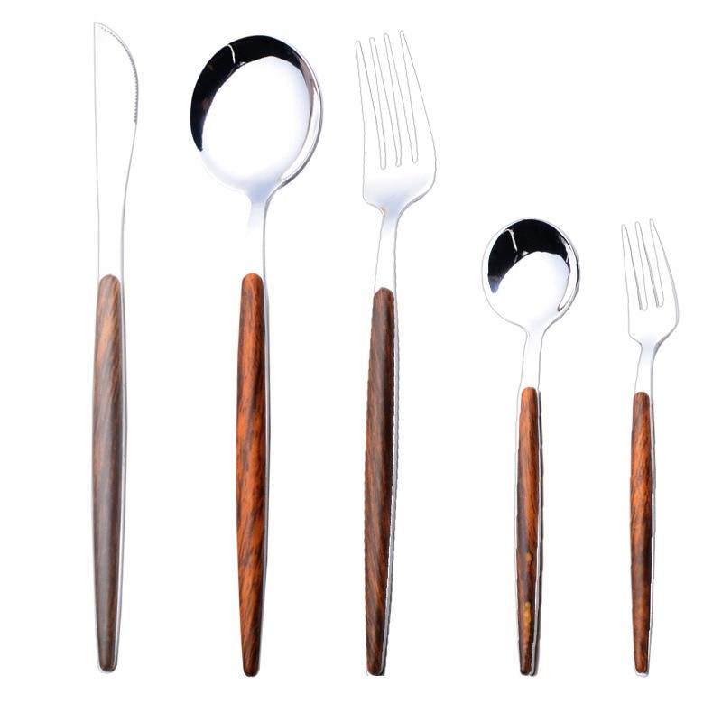 Retro Wooden Handle Stainless Steel Dinnerware Gold-Plateing Elegant Western Food Fork Spoon Knife Tableware