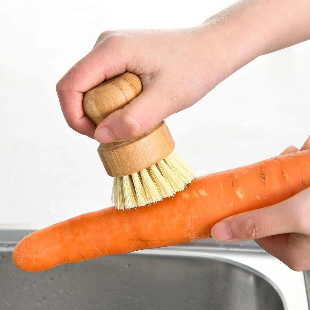 Bamboo Dish Scrub Brushes, Kitchen Wooden Cleaning Scrubbers for Washing Cast Iron Pan/Pot, Natural Sisal Bristles