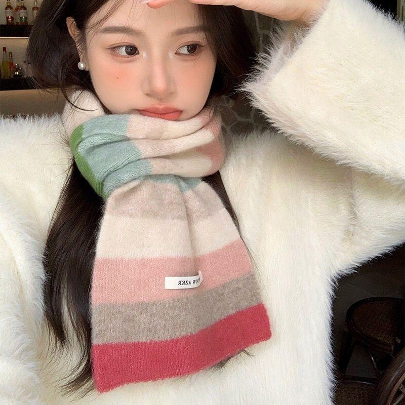 Dopamine Rainbow Contrasting Color Knitted Small Scarf Women's Autumn and Winter New Korean Imitation Cashmere Versatile and Warm