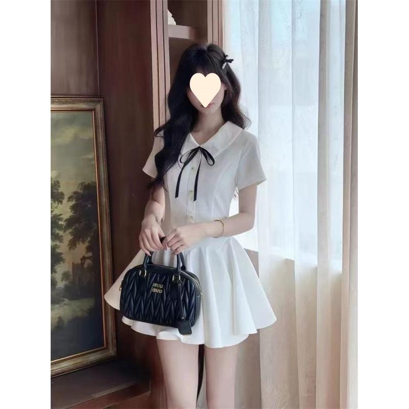 Summer college style sweet bow doll collar white dress women's waist pleated a word short skirt princess dress