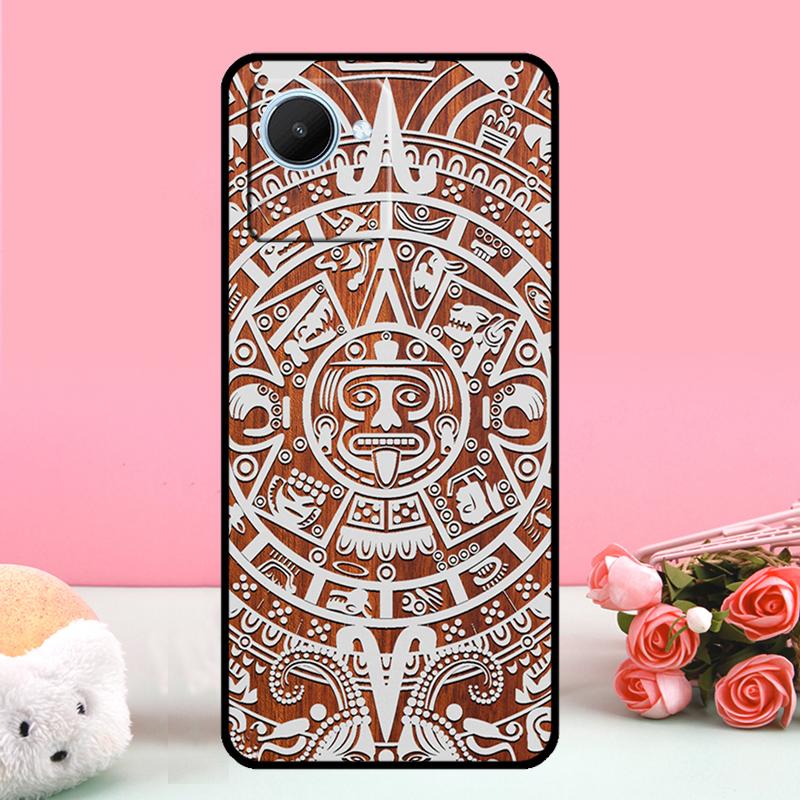 Custodia con motivo in legno con calendario Maya per Realme GT 5 Pro GT3 Neo5 9 10 11 12 Pro Plus C25s C21Y C30 C31 C33 C51 C53 C55 C35