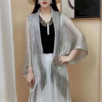Protection Solaire Printemps Été Nouvelle Femme Creux Soie Glacée Frange Avec Tempérament Élégant Cape Longue Lâche
