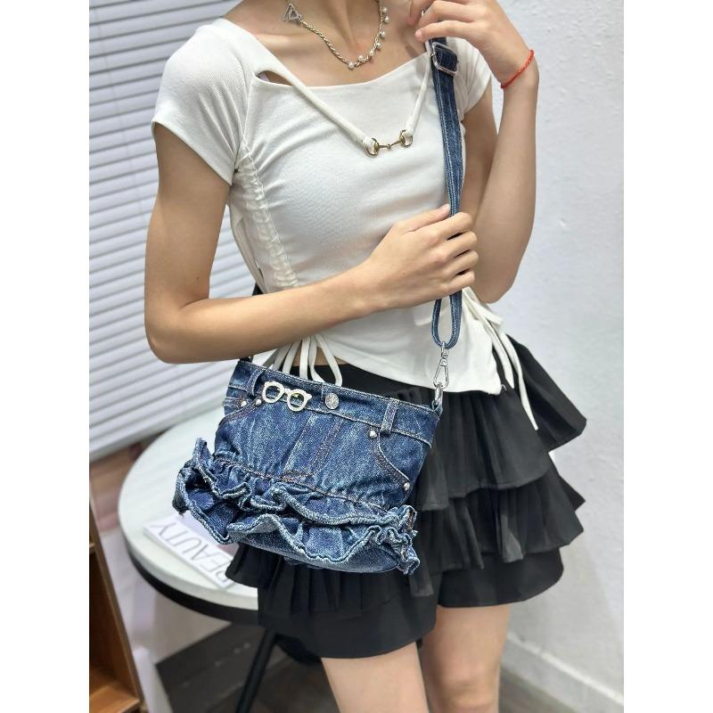 Denim Canvas Crossbody Shoulder Bag,Ruffled Edge Skirt Style Women Sling Bag,Blue Trendy All-Match Handbag,Commuter Chic Purse