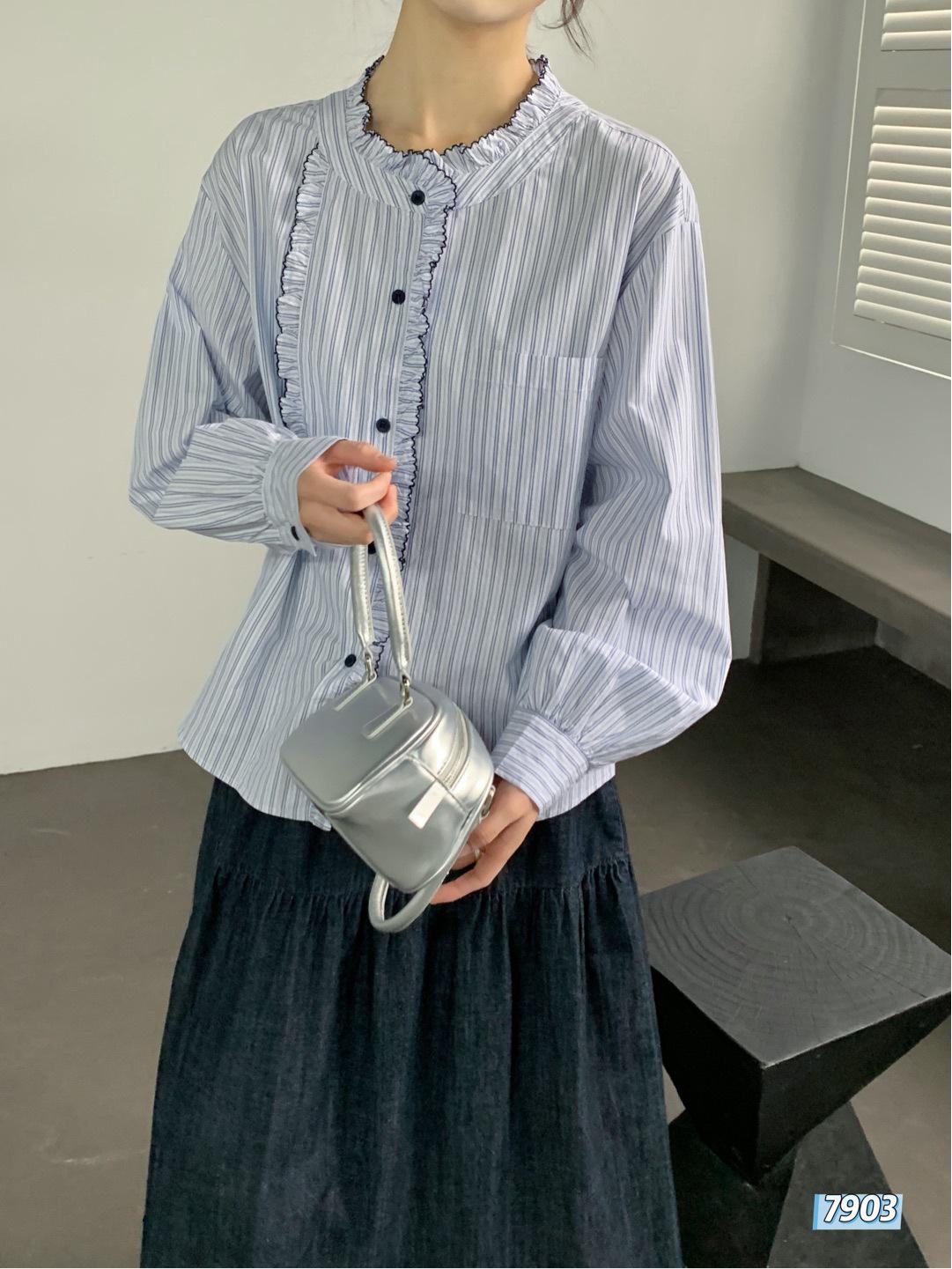 Elegant Korean-Style Ruffled Stripe Long-Sleeve Shirt for Versatile, Gentle Commuter Wear One Size (80-140) синий