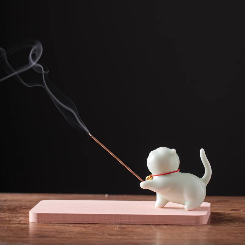 Ceramic Cat Incense Holder - Cute Aroma Burner for Home and Office