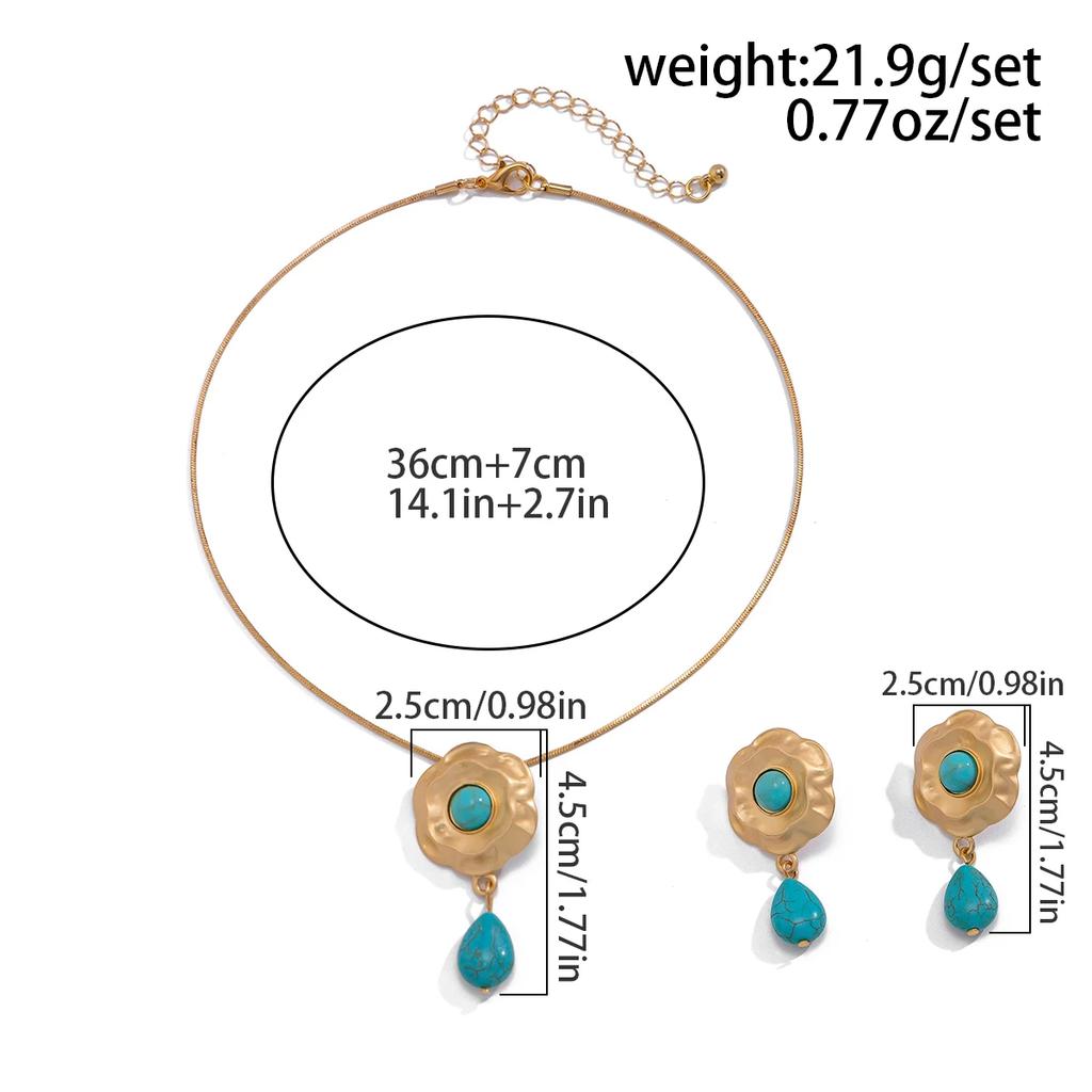 New Fashion Ethnic Flower Water Drop Blue Stone Pendant Choker Necklace Stud Earrings for Women Jewelry Set Wed Accessories Gift