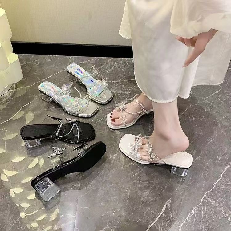 Beautiful Cool Slippers Women's 2025 Summer New Transparent Temperament Bow Rhinestone with Skirt High Heel Fairy Sandals