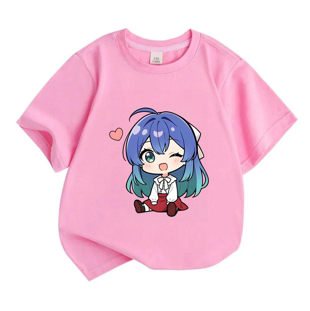 Kids Boys Girls 100% Cotton Crew Neck Short Sleeve T-Shirt, Cute Chibi Anime Blue Hair Girl Print Casual Soft Breathable Tee for Daily Wear Lovely Hea