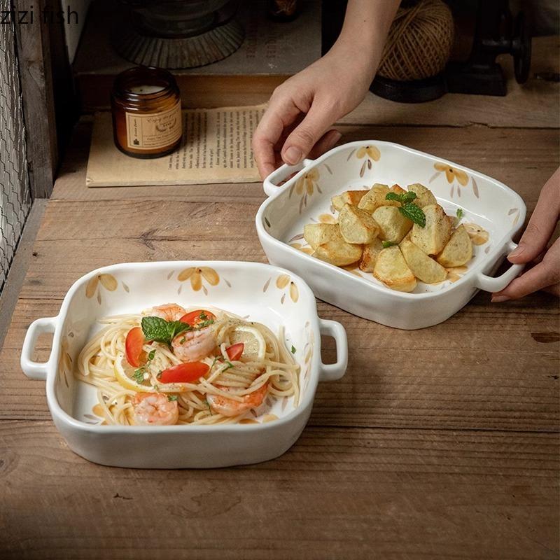 Hand Drawn Flower Ceramic Double Ear Plate Heat Resistant Barbecue Plate Snack Plate Salad Plates Hotel Creative Tableware
