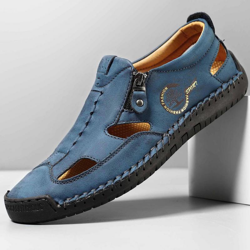 Fashion Summer Brown Genuine Leather Sandals for Men Low Heel Hollow Breathable Flat Shoes Soft Handmade Casual Shoes Luxury Beach Shoes