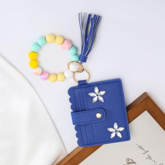 RFID Shielded Card Holder with Rhinestone Flower And Beads Decor Women Wristband Wallet Keychain Faux