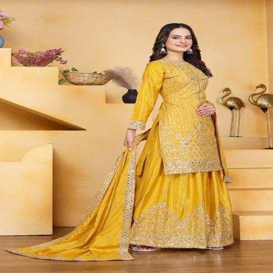 Festive Yellow Georgette Embroidered Sharara Suit Set S