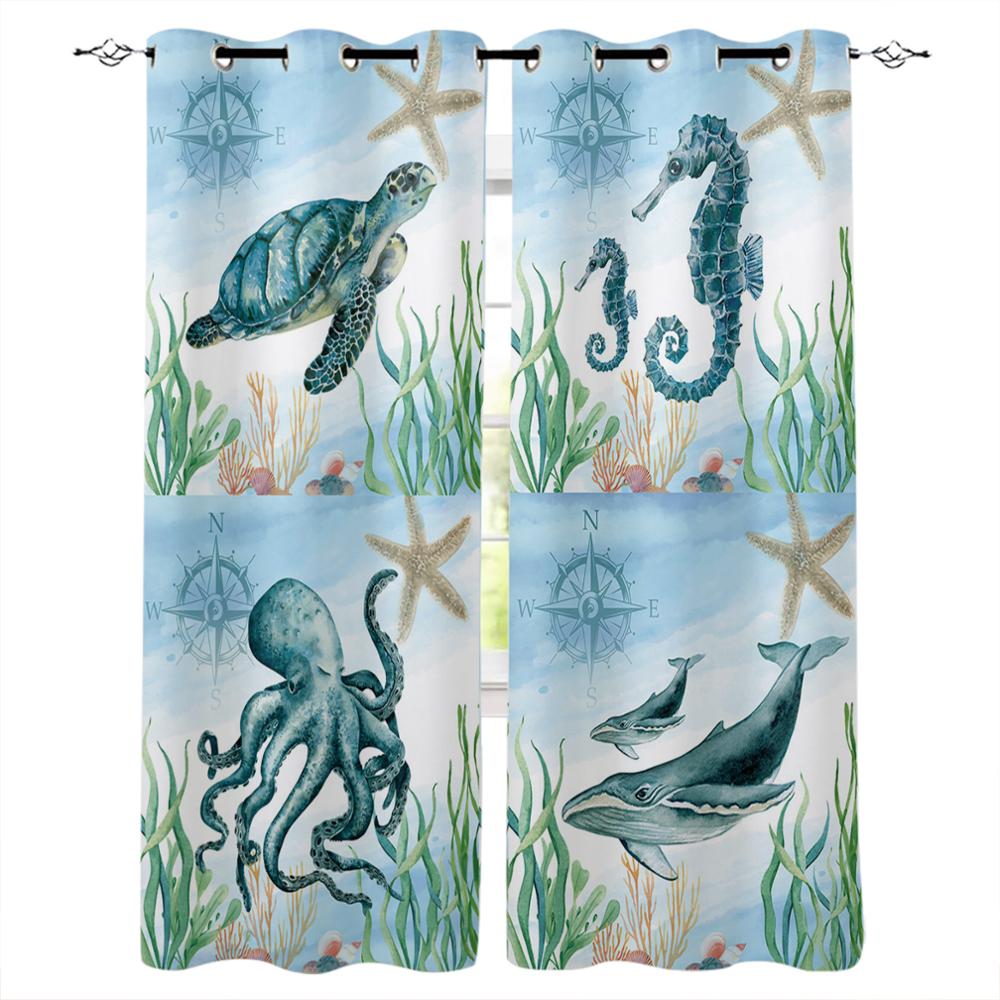 

Морские животные, морской конек, водоросли, оконные шторы, шторы для спальни, кухни, панельные шторы для гостиной, рождественский домашний декор 135W x 60H(cm)