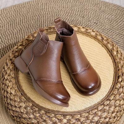 Womens Boots Autumn and Winter Plush and Warm Cotton Boots Genuine Leather Retro Soft Soles Anti Slip Mid Top Cotton Shoes Women