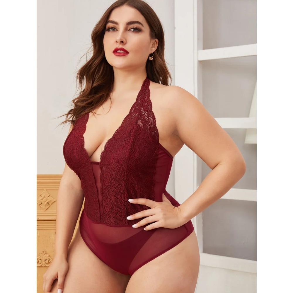 Large Size New Hot Sexy Lingerie Women Lace Sheer Bra Set Erotic Costumes  Dress Deep V Bodysuit Underwear