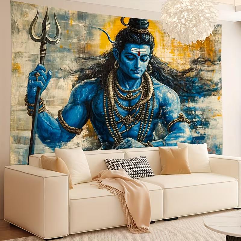 2D Abstraktní Hinduistický Bůh Šiva Gobelín Trishul Malba Závěs na Zeď