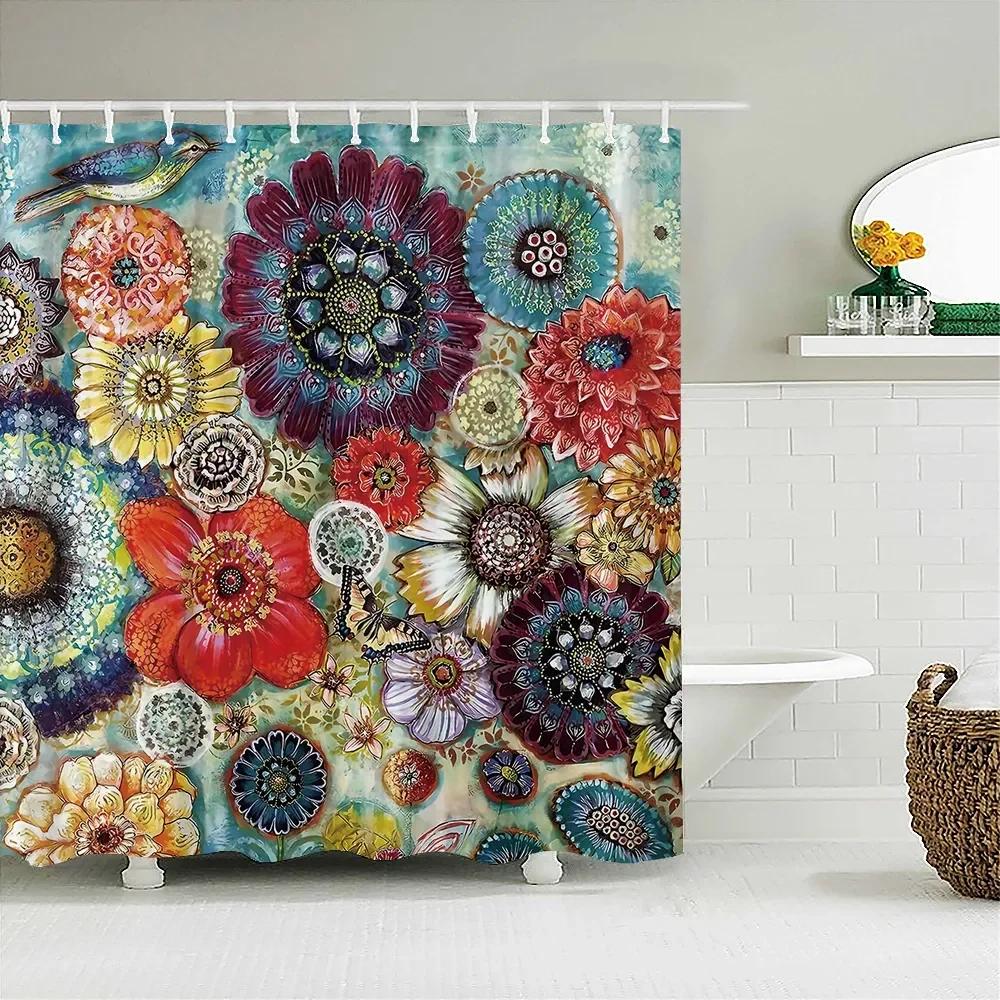 Bohemian 3D Shower Curtain, Indian Mandala Flower Green Blue Chic Color Modern Pattern Bathroom Fabric Home Decor Shower Curtain