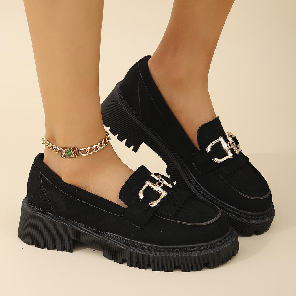 NEW Spring/Autumn Women Loafers Round Toe Chunky Heel Shoes Sheep Suede Shoes for Women Retro Metal Buckle Platform Women Shoes