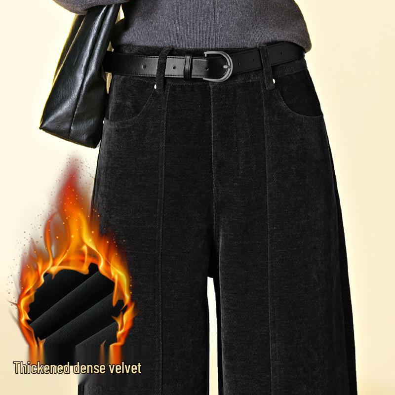 

Women s 2025 Winter Velvet-Lined High-Waisted Black Corduroy Wide-Leg Pants Size 27 чёрный