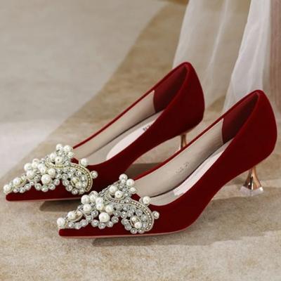 Scarpe da Sposa Tacco Alto Taglie Forti Nuove Francesi Punta Appuntita Bocca Bassa Perla Antiscivolo Scarpe da Ginnastica