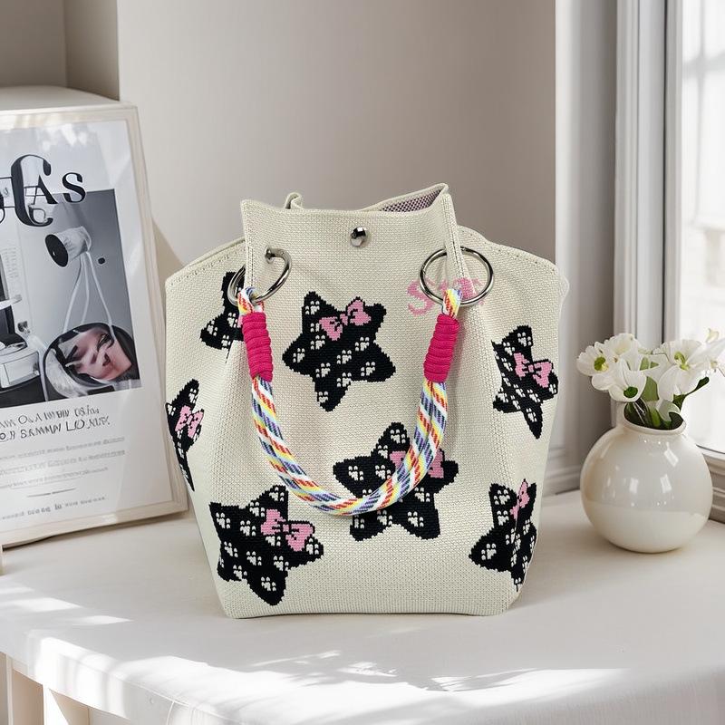 Knitted Tote with Woven Ring Buckle, 3D Magnetic Snap Handbag & Clutch