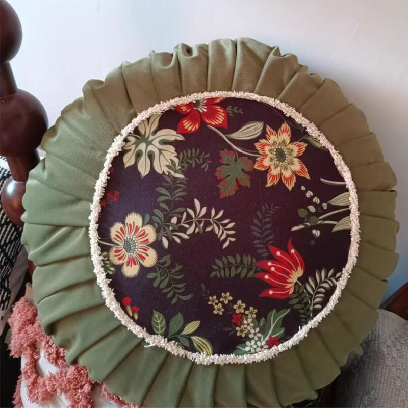 Nordic Style Throw Waist Pillow Retro Luxury Sofa Bedside Cushion  Creative Pleated Round High-end Velvet Cushion Pouffe