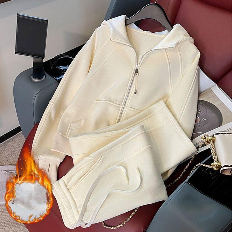 Women's Fall/Winter Fleece-Lined, Thickened Casual Sports Set: Hoodie + Wide-Leg Pants Two-Piece Set