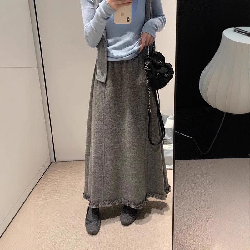 

Women s A-line Velvet Wool Blend Skirt: Winter, Elastic Waist, Slim Fit, with Ruffles, Drapey Long Skirt. Medium светло-серый