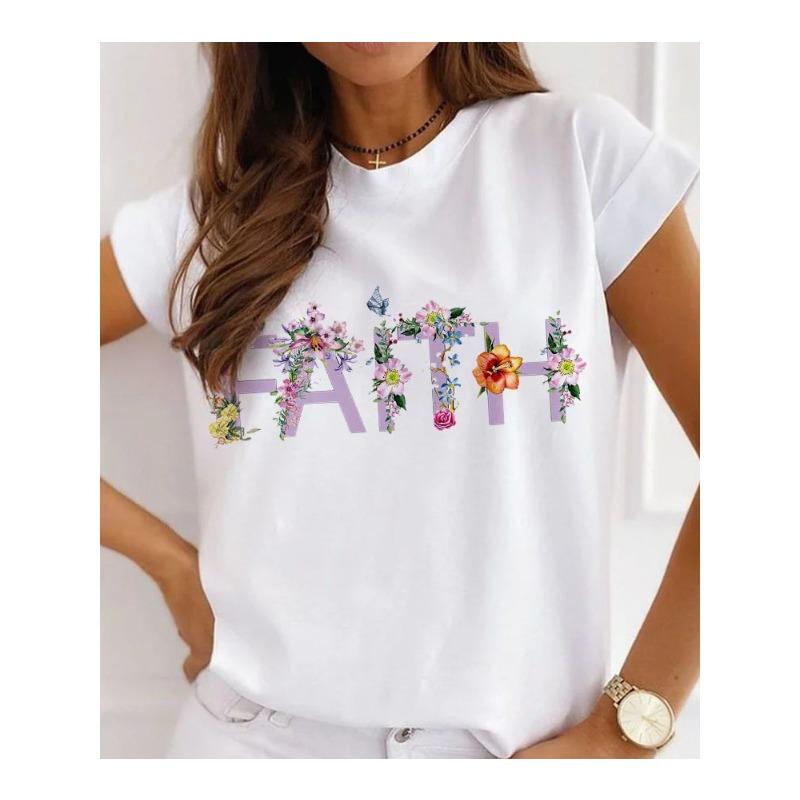 

Summer Round Neck 3D Flower Cross Print Top Fashionable Casual Short Sleeved Women s T-shirts XS