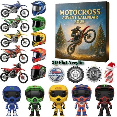 Motokrosový adventní kalendář 2025, 24 dní odpočítávání do Vánoc s 2D akrylovými mini motokrosovými motocykly, figurkami závodníků a přívěsky s motokrosovým vybavením