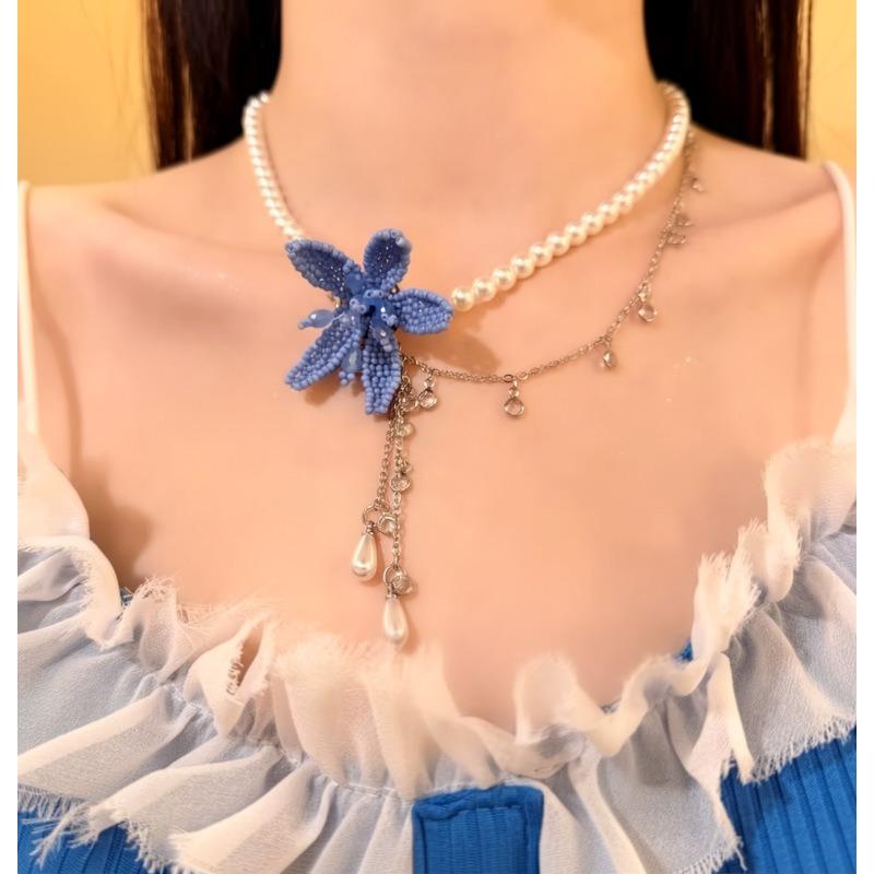 Tiancai~ Flower Pearl Necklace Stud Earring Set Sweet Holiday Style Versatile Exquisite High-end Accessories Women