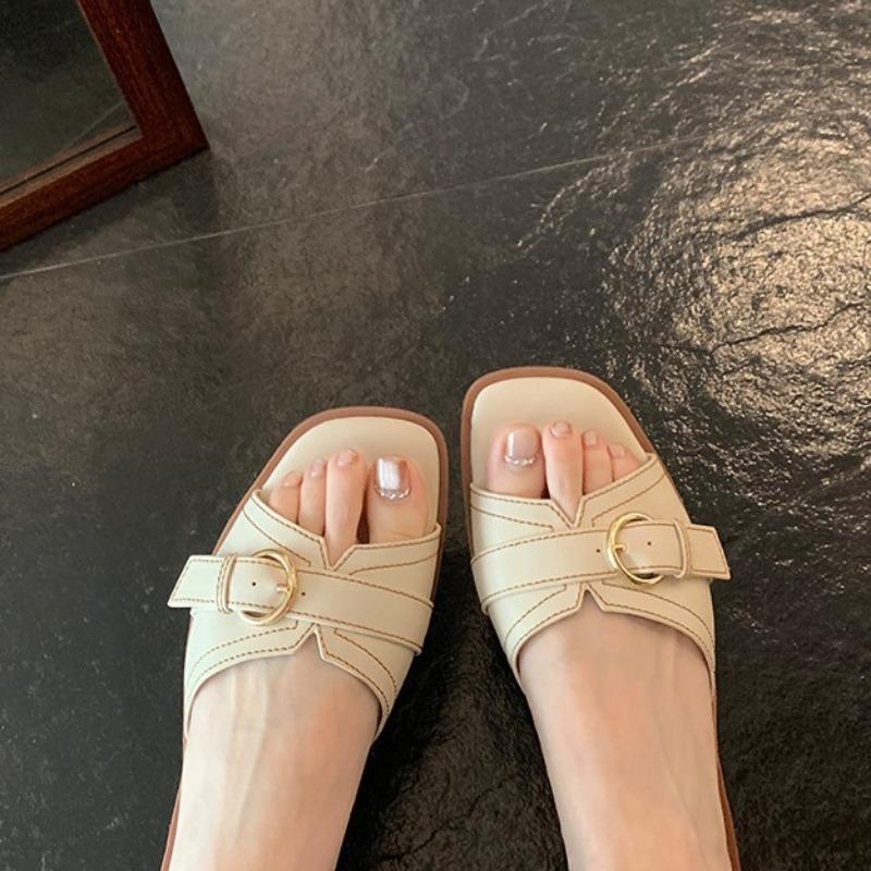 Schafleder Schuhe Damen Sommer tragen Nische diagonaler Schnitt eckige Zehenpartie helle Linie Gürtelschnalle flacher Boden coole Hausschuhe