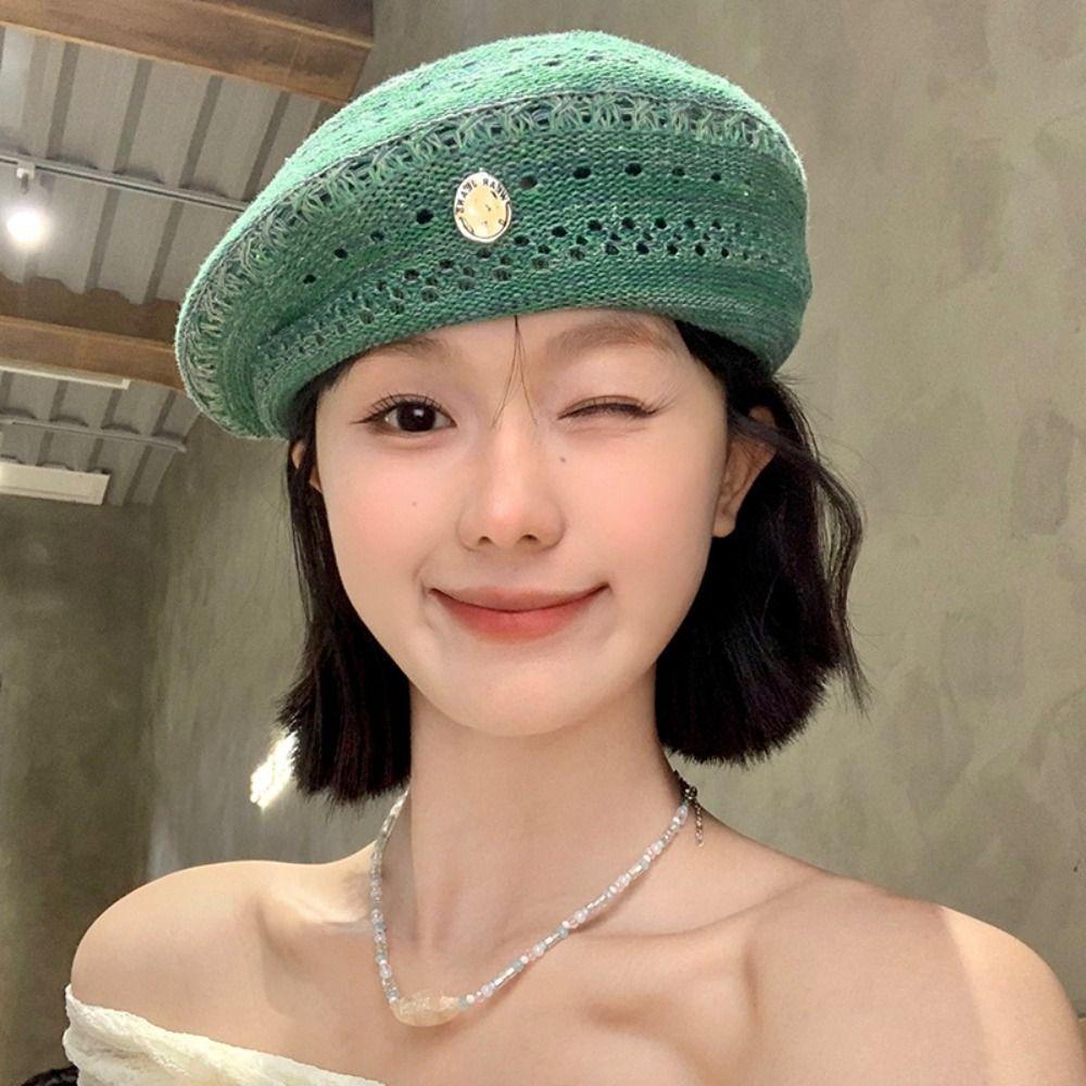 Japanese Style Hollowed Out Beret Hat Fashionable Crochet Knitted Cap Weave Painter Hat  Summer