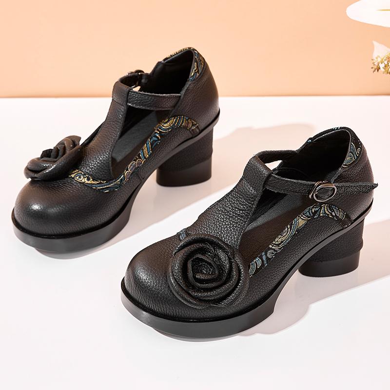 Весенние женские туфли-лодочки в стиле ретро, женские туфли на высоком каблуке 7 см, с пряжкой и цветочным узором, женские туфли ручной работы из натуральной кожи 225 чёрный