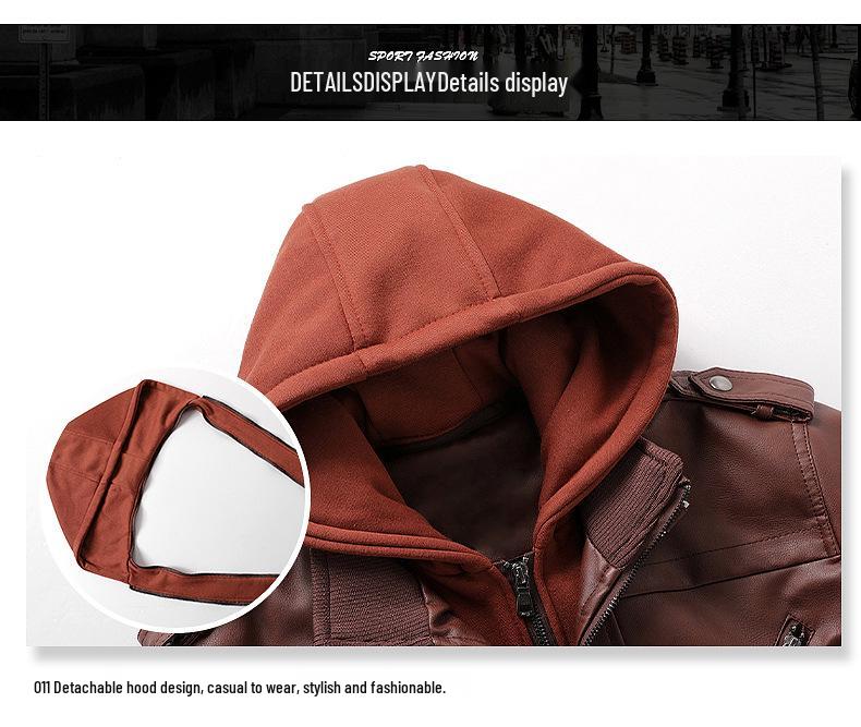 2025 Men's Plus Size PU Washed Leather Hooded Jacket, Two-piece Design.
