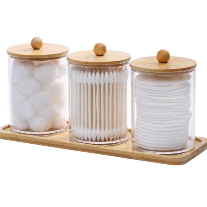 Bamboo Lid Cotton Swab & Makeup Remover Acrylic Storage Box: Includes Cotton Balls, Dental Floss, Round Box