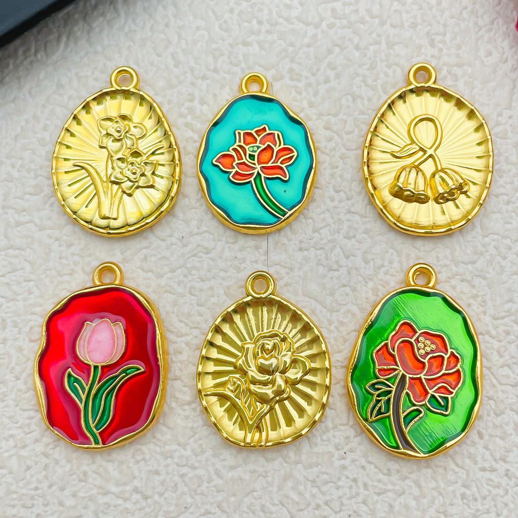 Ancient Gold Enamel Oil Drop Pendant Tulip Rose Lily Diy Bracelet Necklace Jewelry Accessories
